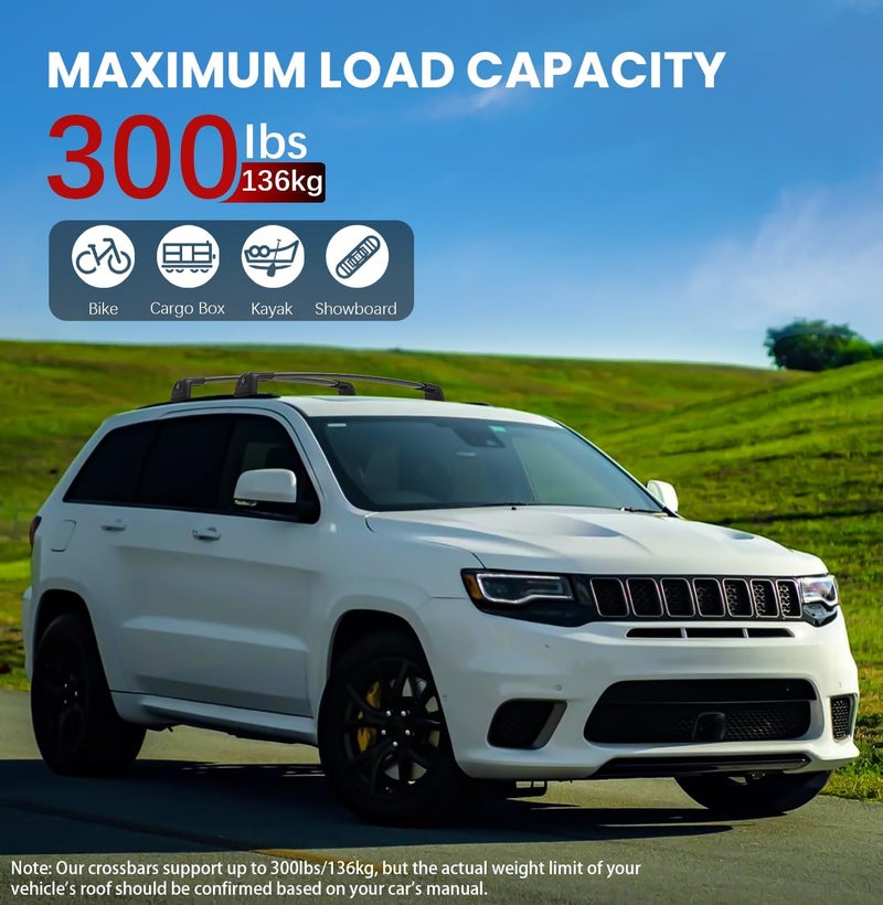Soruci 300lbs Lockable Roof Rack Cross Bars Compatible with Jeep Grand Cherokee Altitude & SRT & Trackhawk 2011-2022 with Roof Black Moldings, Aluminum Roof Crossbar for Cargo Carrier Kayak Snowboard - Image 3